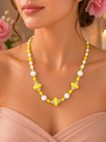 Vintage Czechoslovakia Uranium Glass Yellow and White Bead Necklace