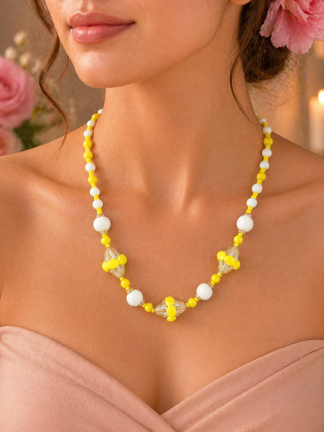 Vintage Czechoslovakia Uranium Glass Yellow and White Bead Necklace