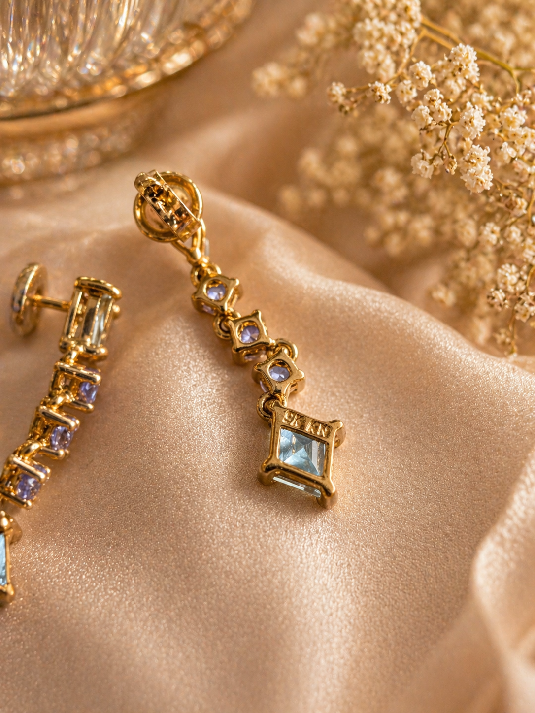 9ct Gold Aquamarine & Tanzanite Drop Earrings