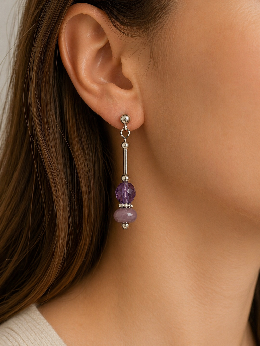 Sterling Silver Purple Glass Bead Drop Earrings