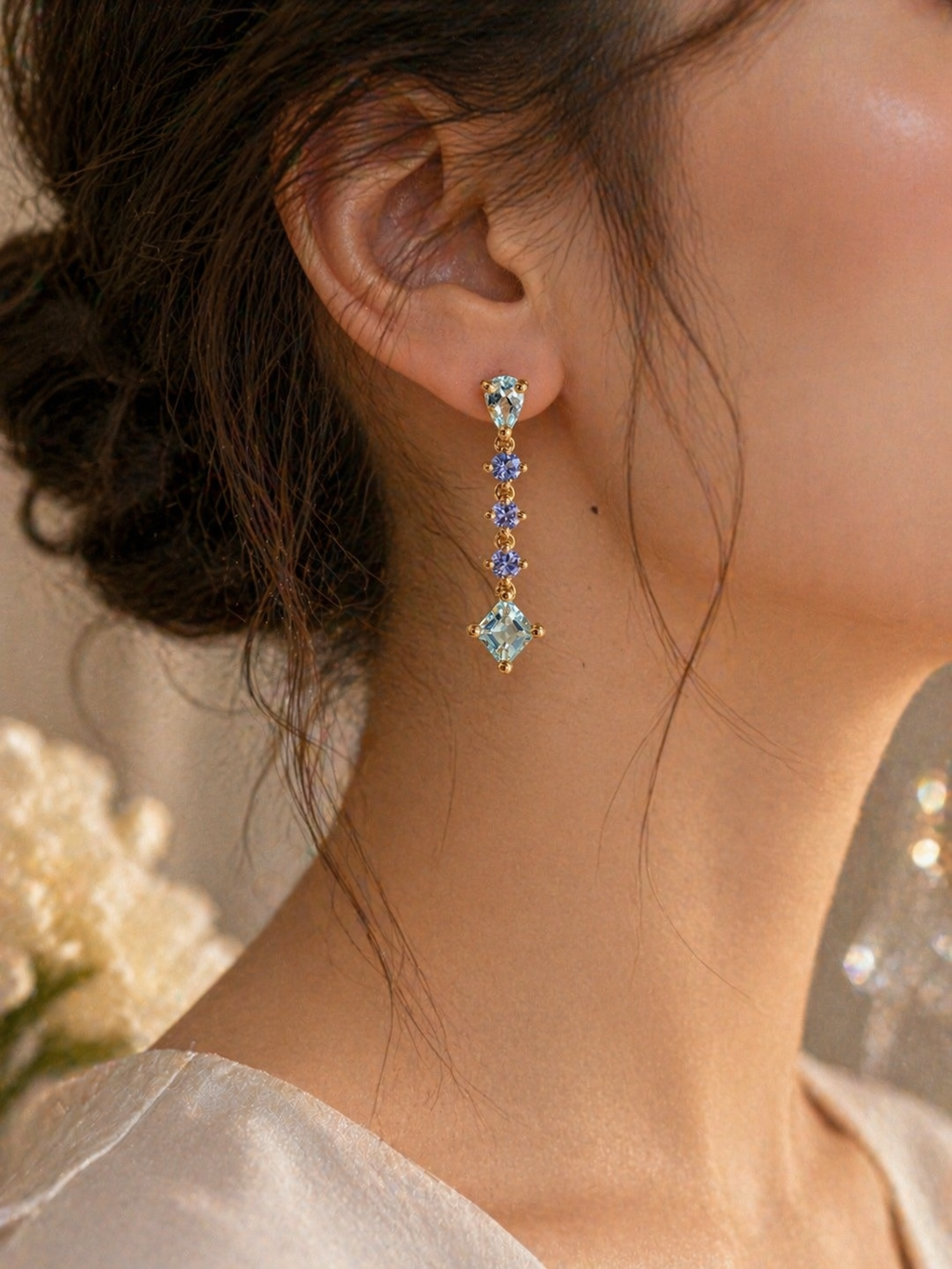 9ct Gold Aquamarine & Tanzanite Drop Earrings