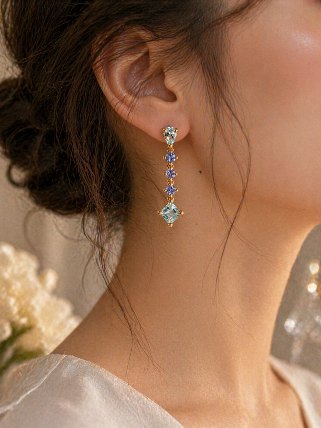 9ct Gold Aquamarine & Tanzanite Drop Earrings