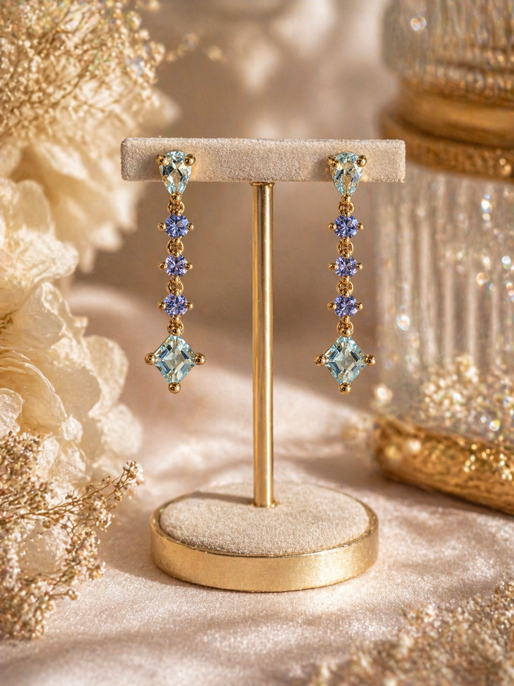 9ct Gold Aquamarine & Tanzanite Drop Earrings