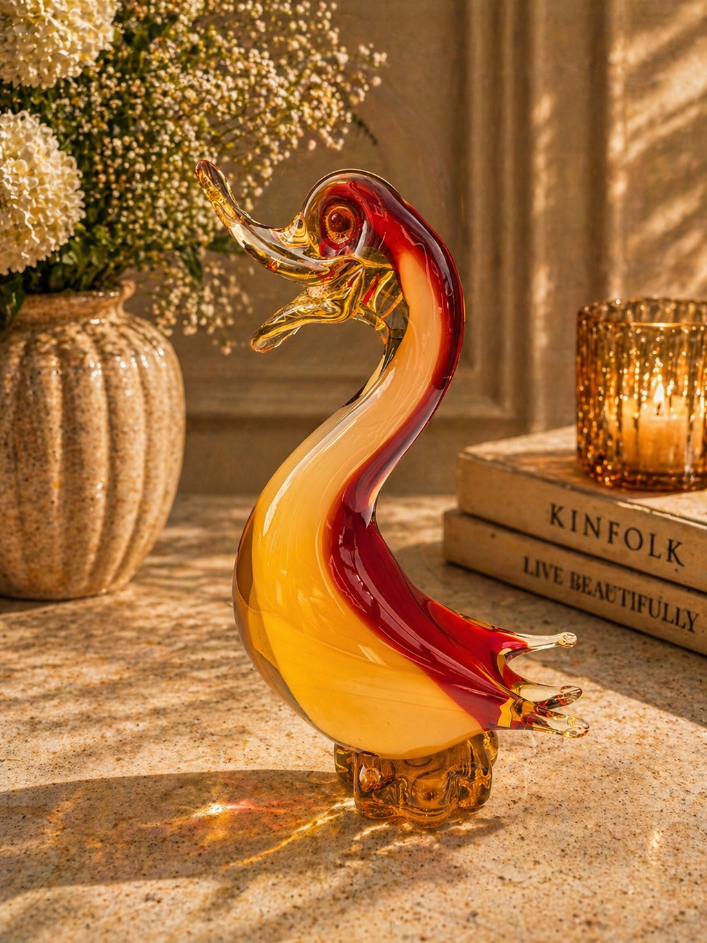 Murano Glass Duck Figurine Red and Amber