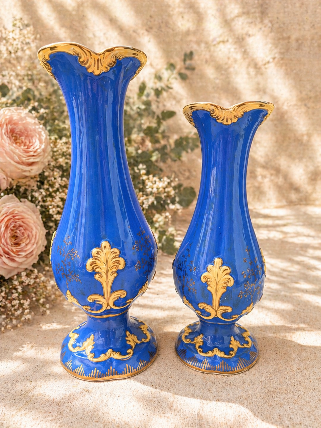 Pair of Antique Blue and Gilt Decorative Vases