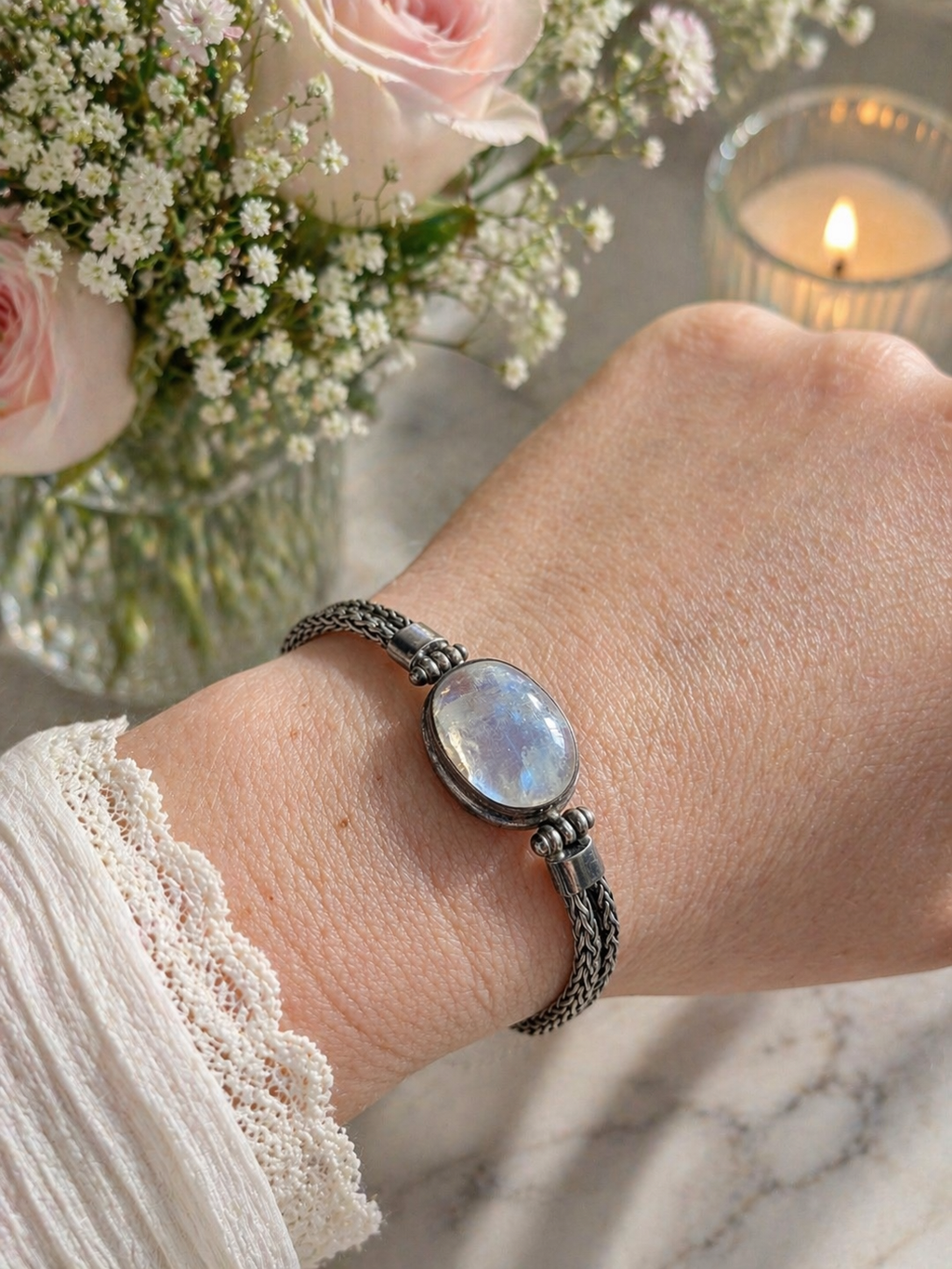 Sterling Silver Moonstone Bracelet Oval Cabochon