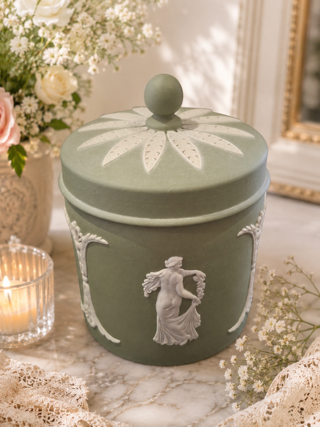 Vintage Wedgwood Sage Green Jasperware Lidded Pot