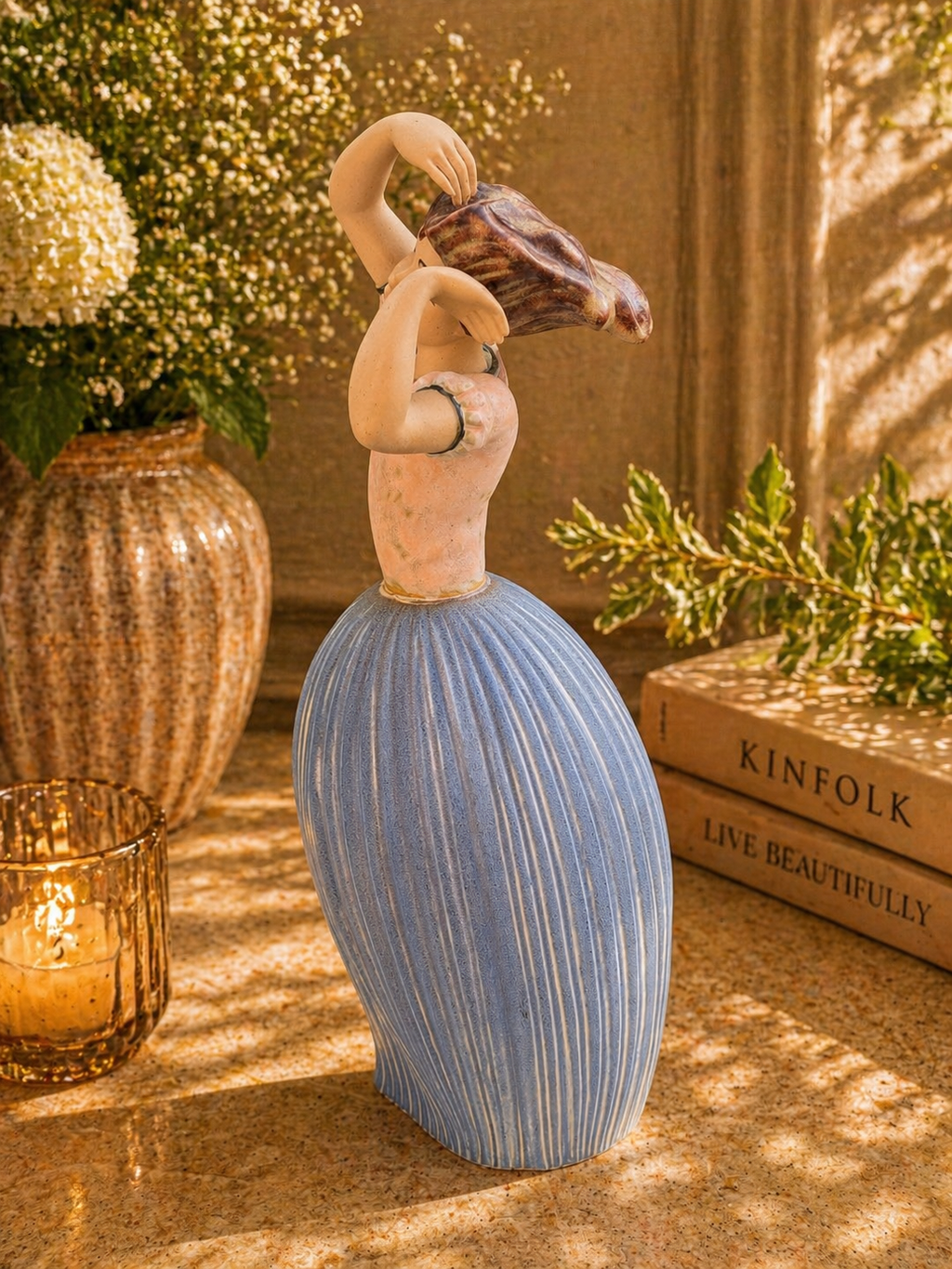 Large Spanish Ceramic Dancer Figurine with Blue Skirt