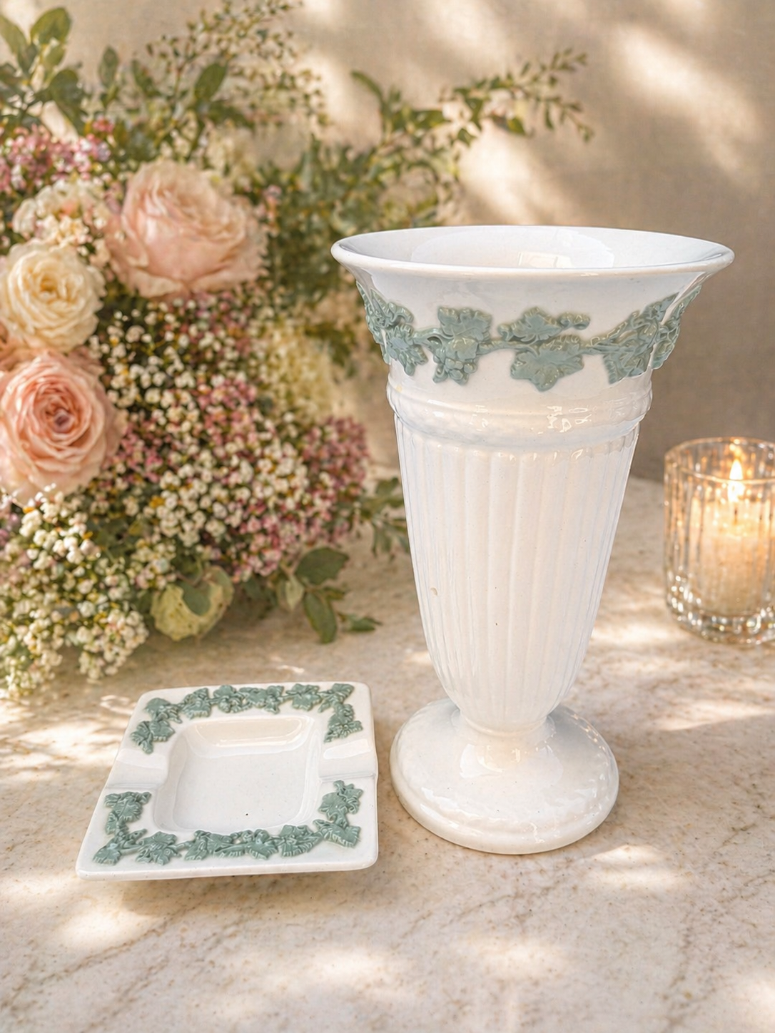 Wedgwood Queensware Vase and Ashtray Set