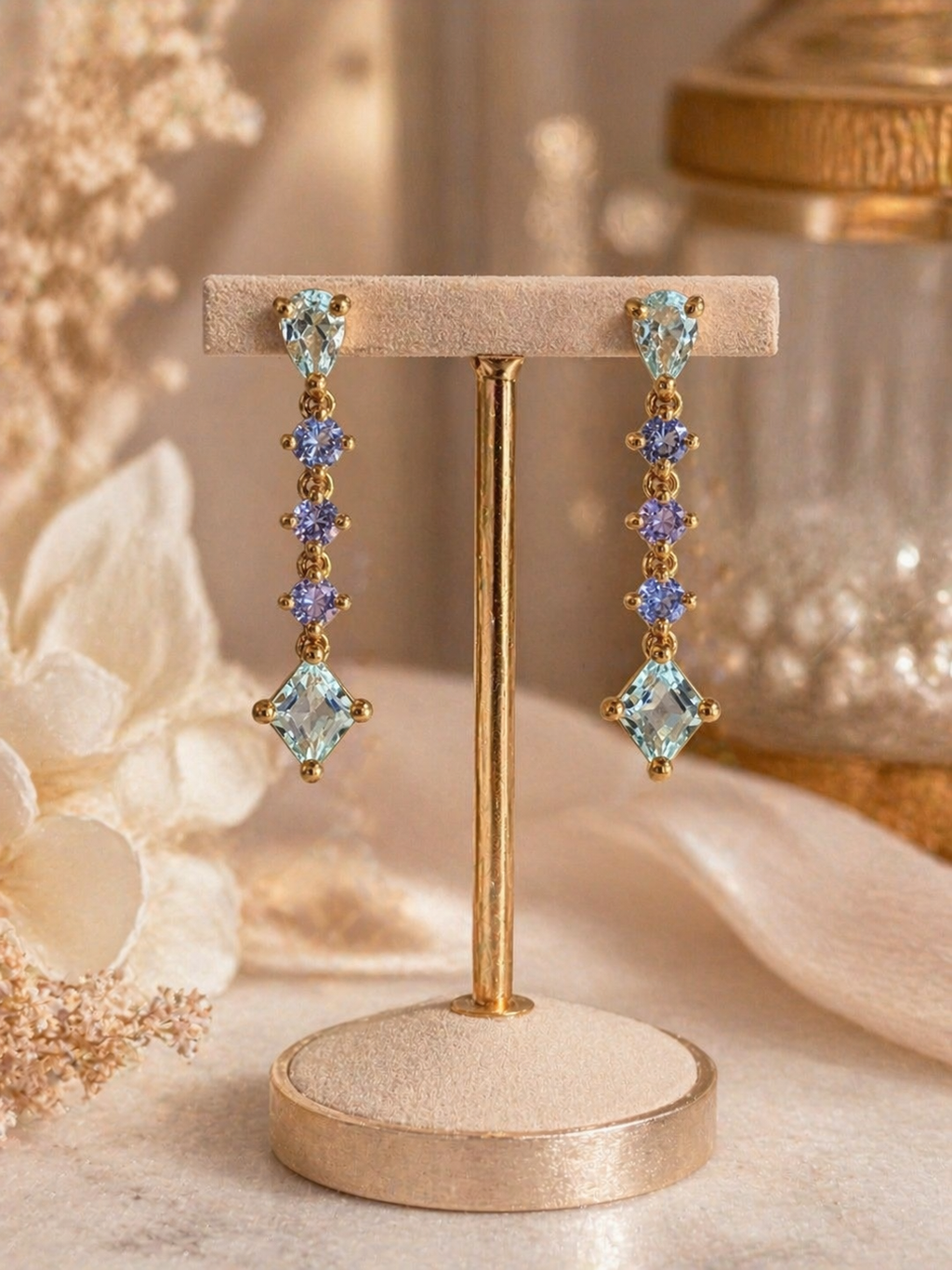 9ct Gold Aquamarine & Tanzanite Drop Earrings