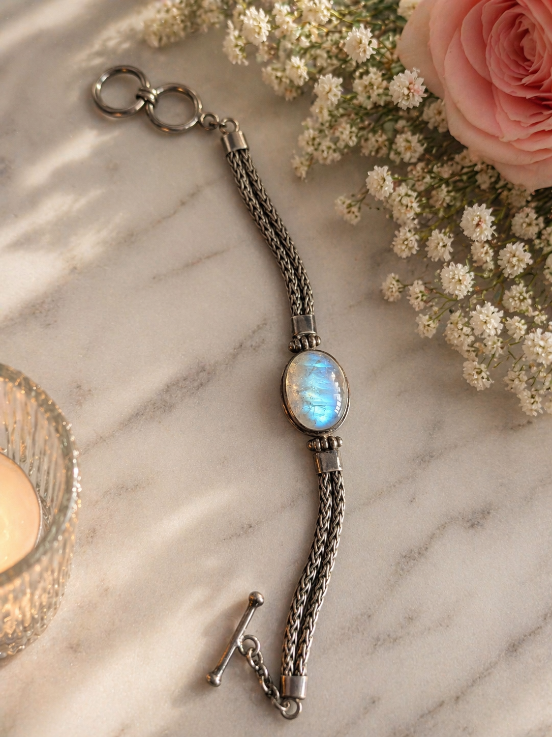 Sterling Silver Moonstone Bracelet Oval Cabochon
