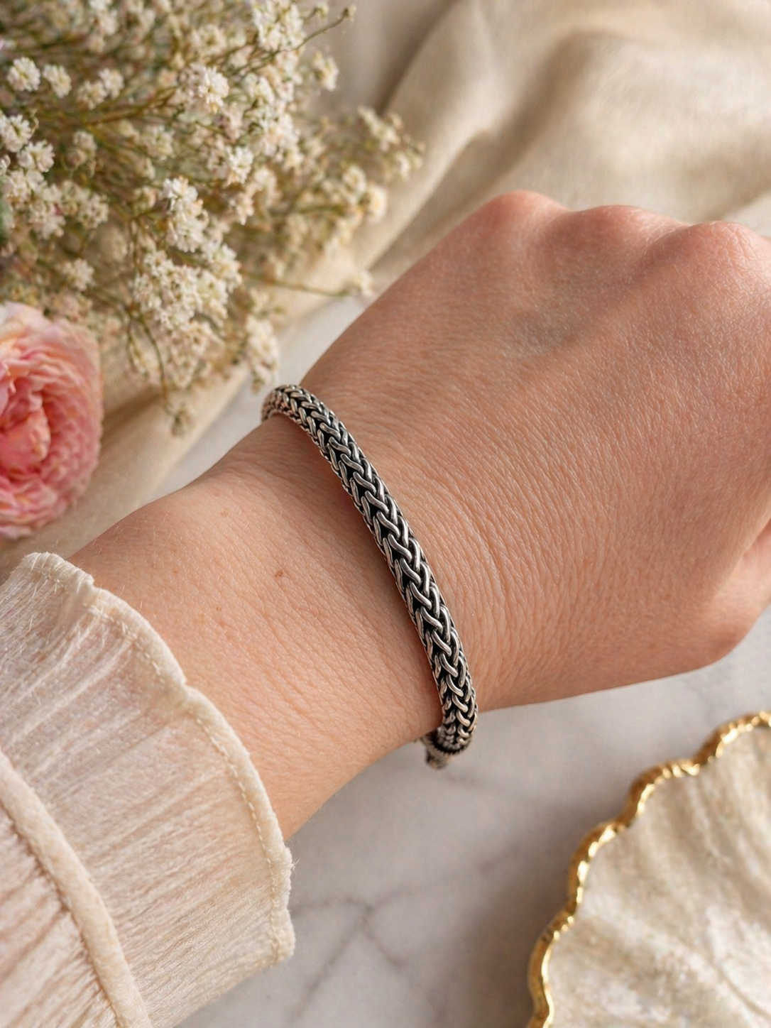 Sterling Silver Heart Charm Bracelet Woven Chain