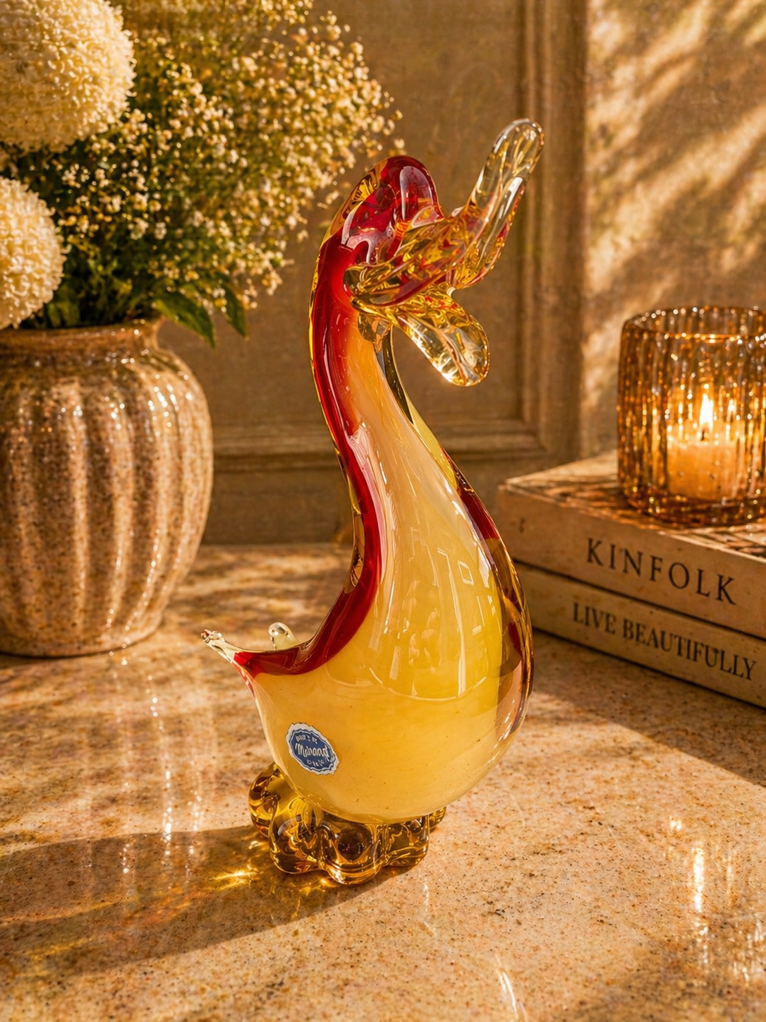 Murano Glass Duck Figurine Red and Amber
