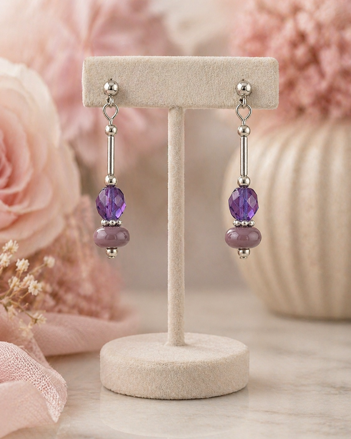Sterling Silver Purple Glass Bead Drop Earrings