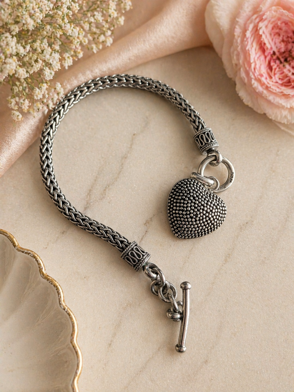 Sterling Silver Heart Charm Bracelet Woven Chain