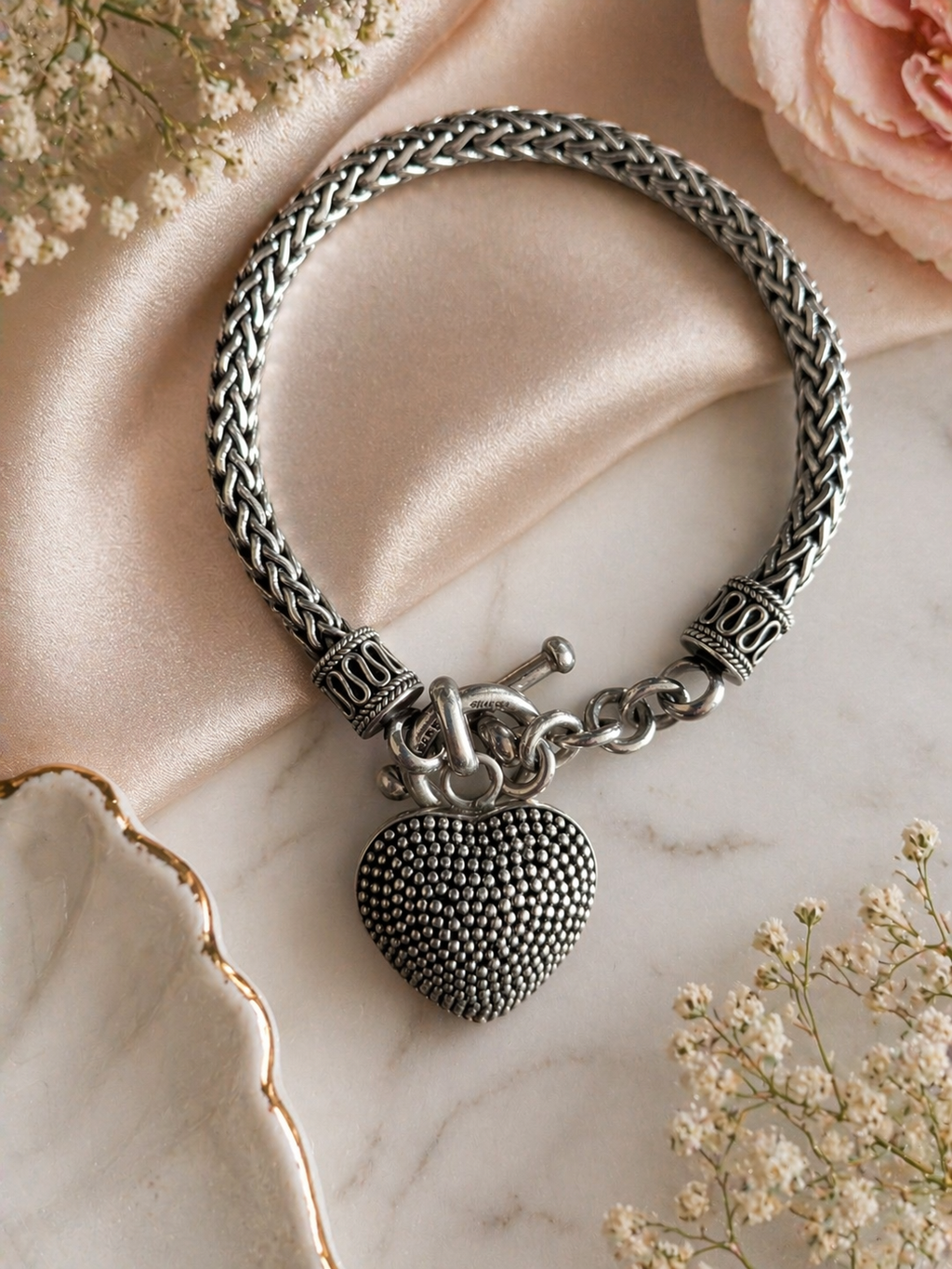 Sterling Silver Heart Charm Bracelet Woven Chain