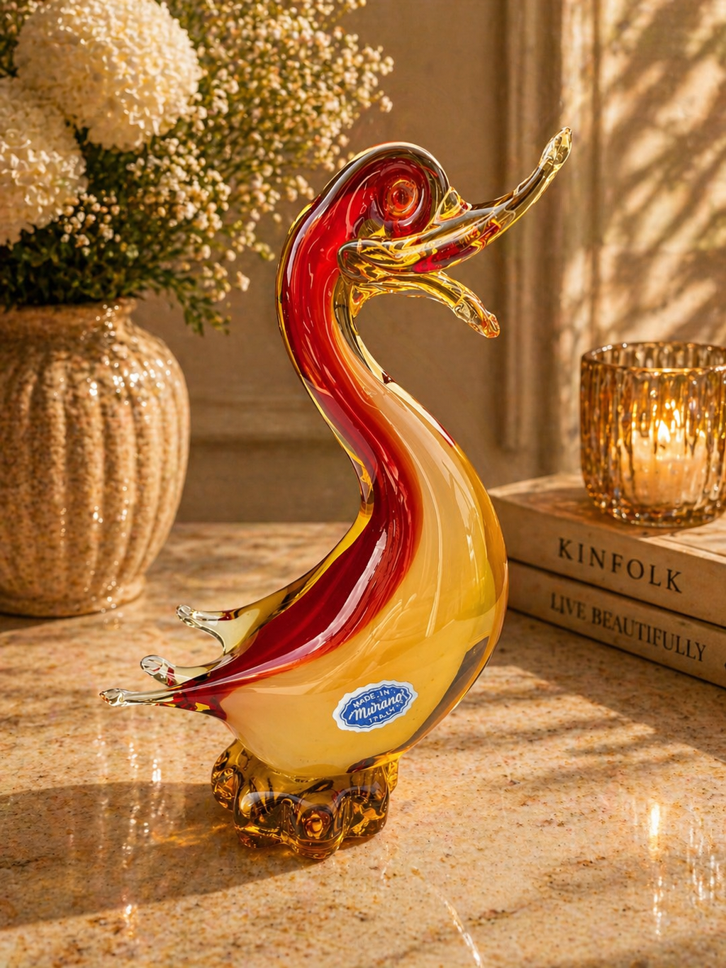 Murano Glass Duck Figurine Red and Amber