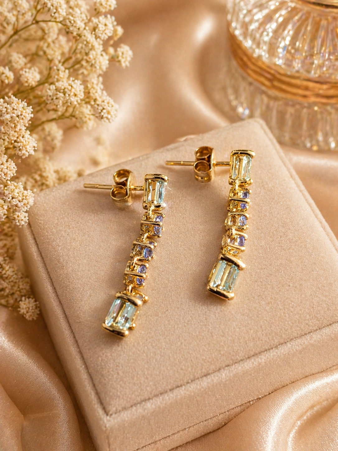 9ct Gold Aquamarine & Tanzanite Drop Earrings