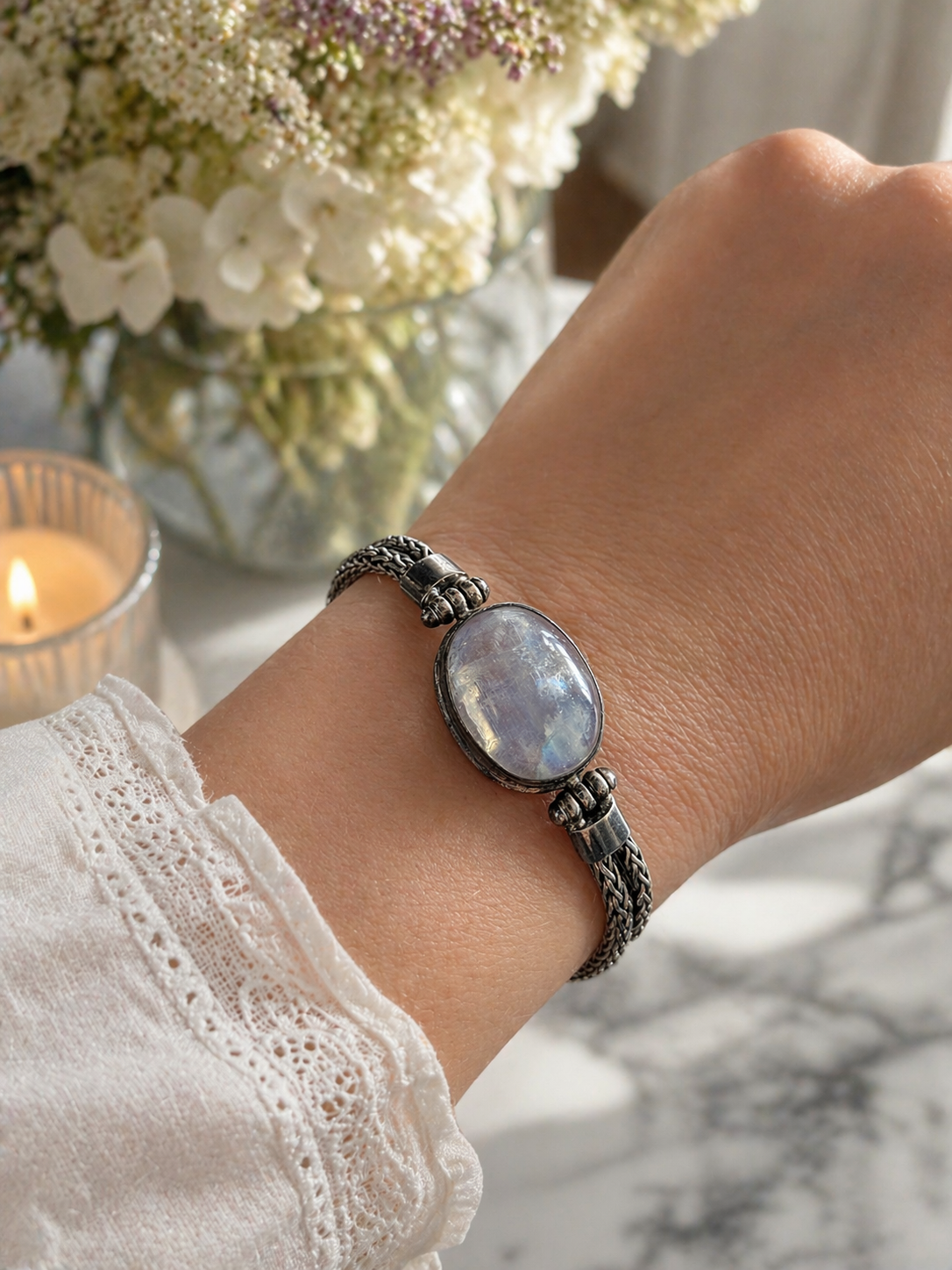 Sterling Silver Moonstone Bracelet Oval Cabochon
