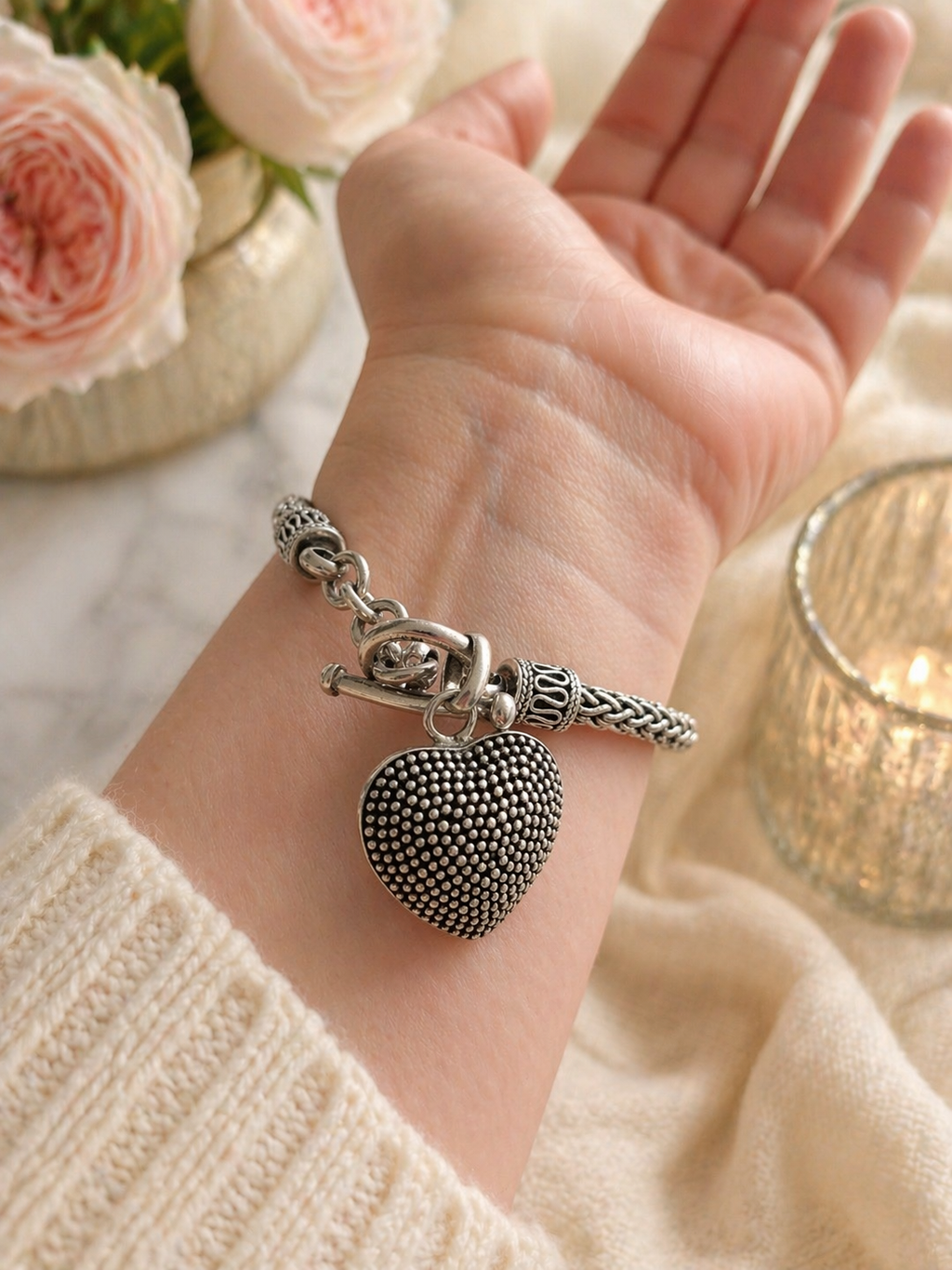 Sterling Silver Heart Charm Bracelet Woven Chain