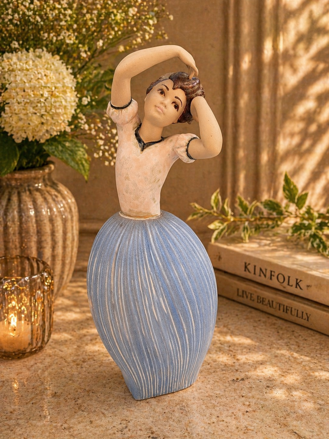 Large Spanish Ceramic Dancer Figurine with Blue Skirt