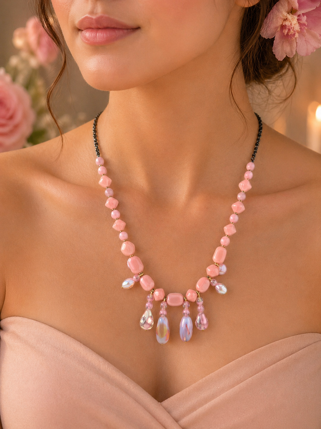 Vintage Pink Art Glass Bead Necklace Iridescent Drop Statement Jewellery