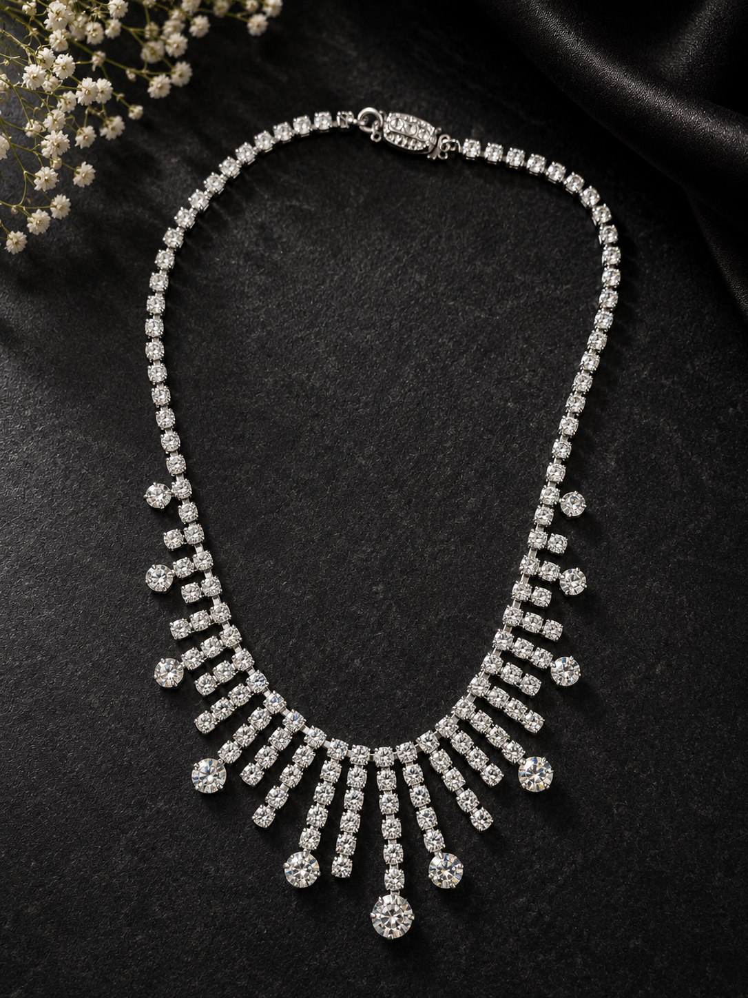 Silver Tone Rhinestone Fringe Necklace