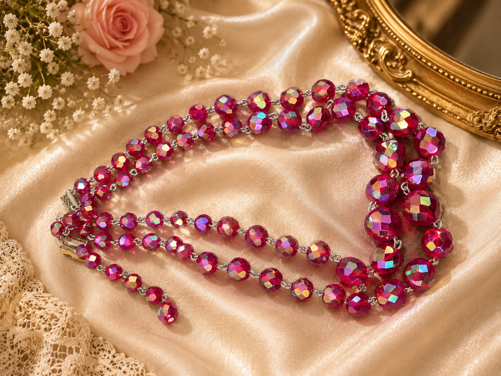 Ruby Red Aurora Borealis Faceted Glass Bead Necklace