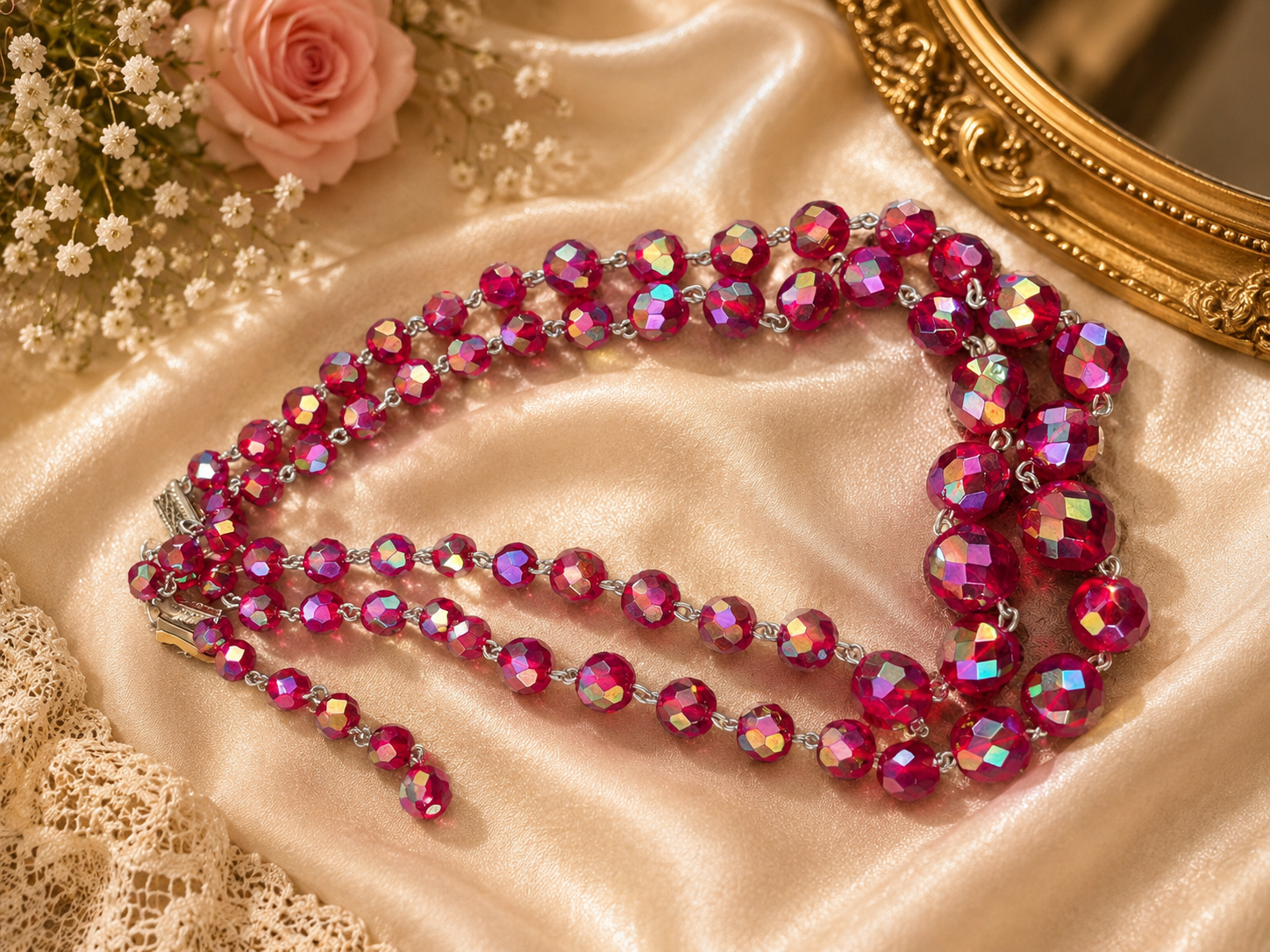 Ruby Red Aurora Borealis Faceted Glass Bead Necklace