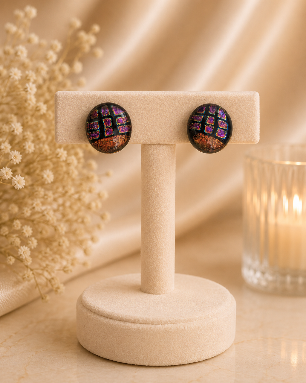 925 Silver Round Dichroic Glass Stud Earrings
