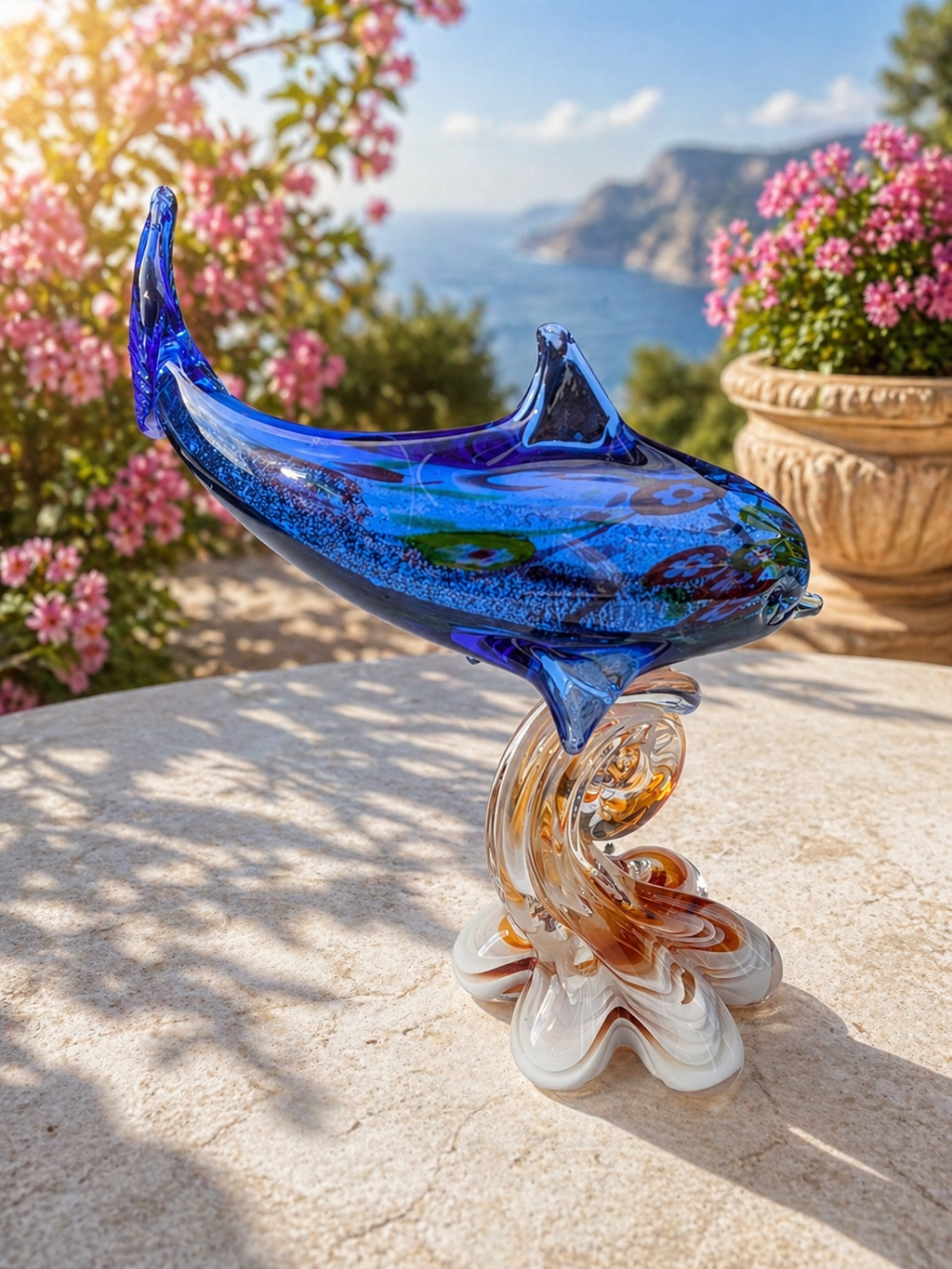 Clear and Blue Glass Leaping Dolphin Figurine