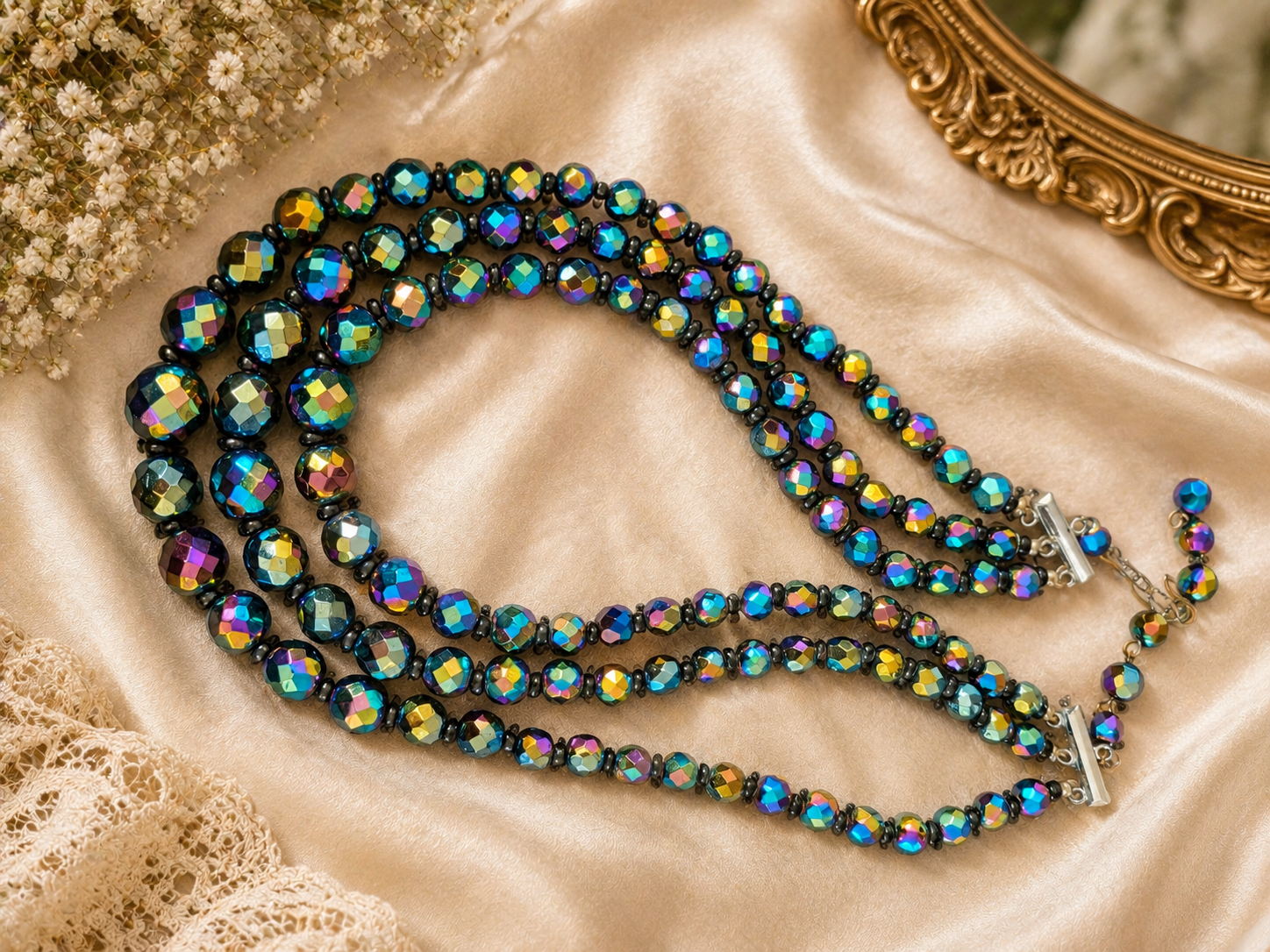 Iridescent Aurora Borealis Midnight Bead Necklace