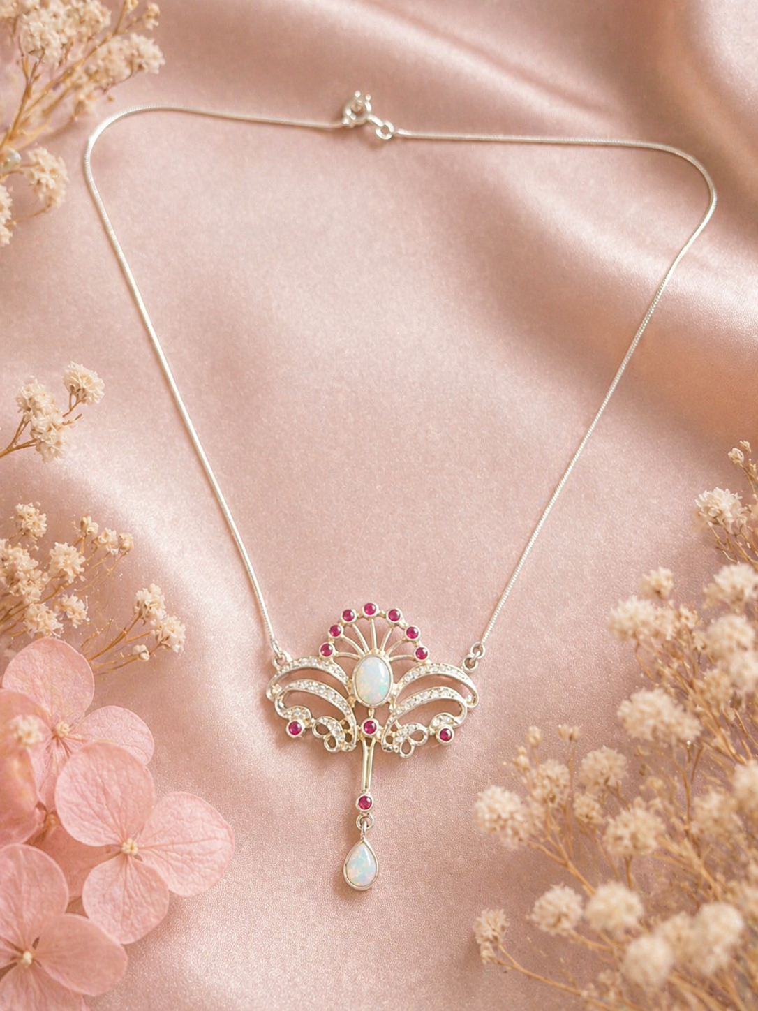 Art Nouveau Style Sterling Silver Opal and Ruby Style Statement Necklace