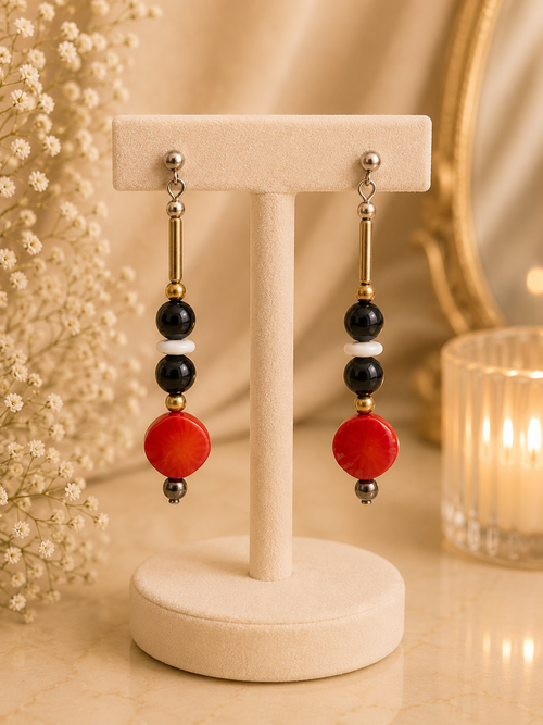 925 Silver Red Black and Gold Bead Drop Earrings