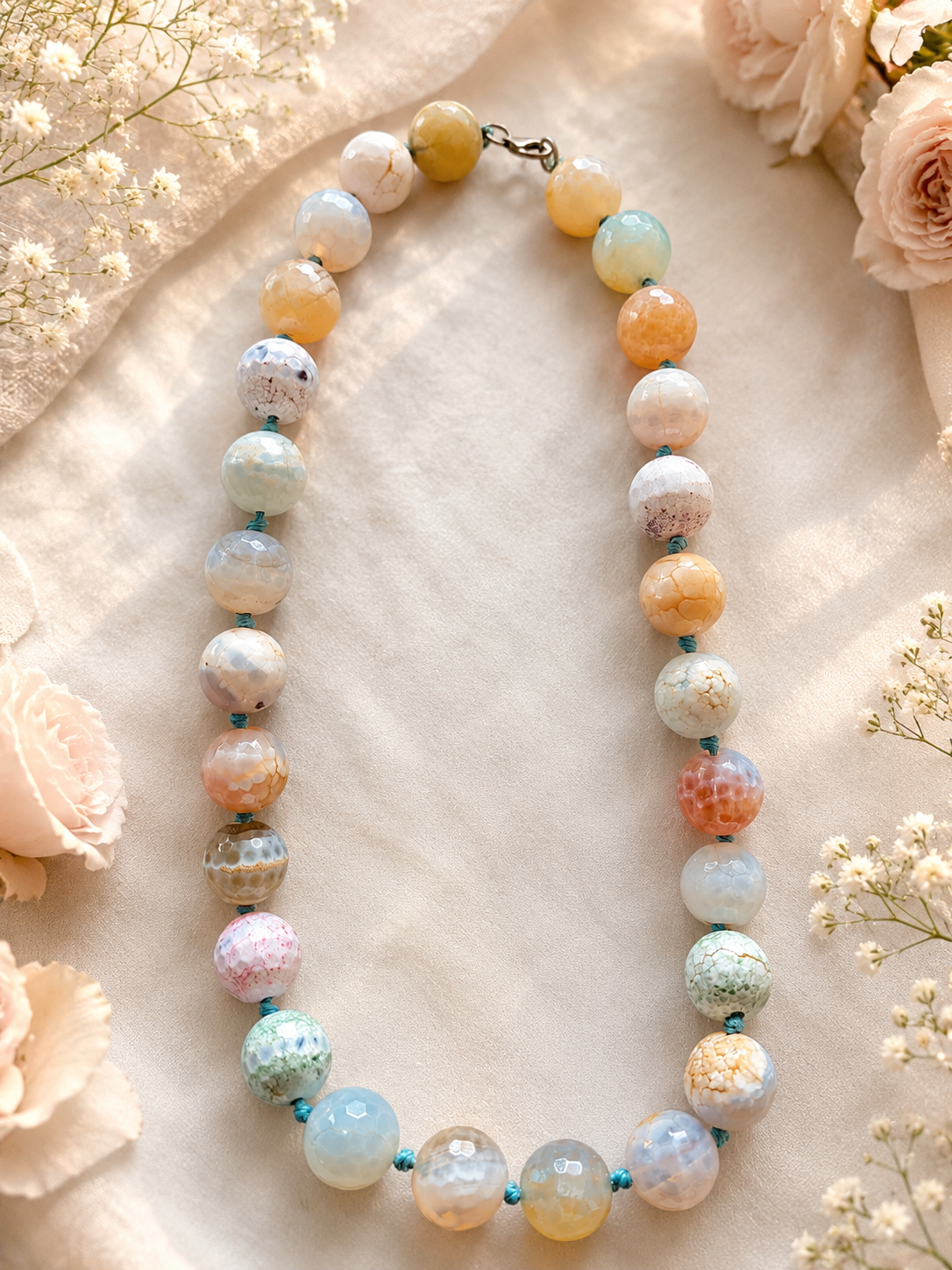 Pastel Agate Beaded Necklace with Silver Clasp