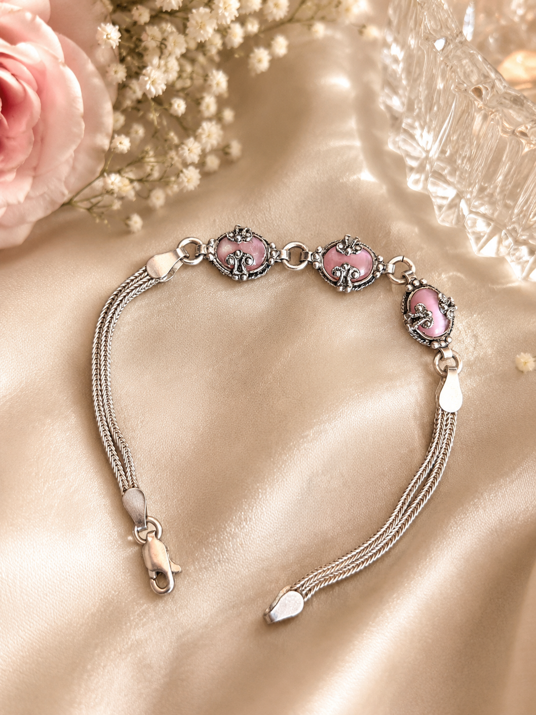 925 Sterling Silver Pink Cabochon Bracelet