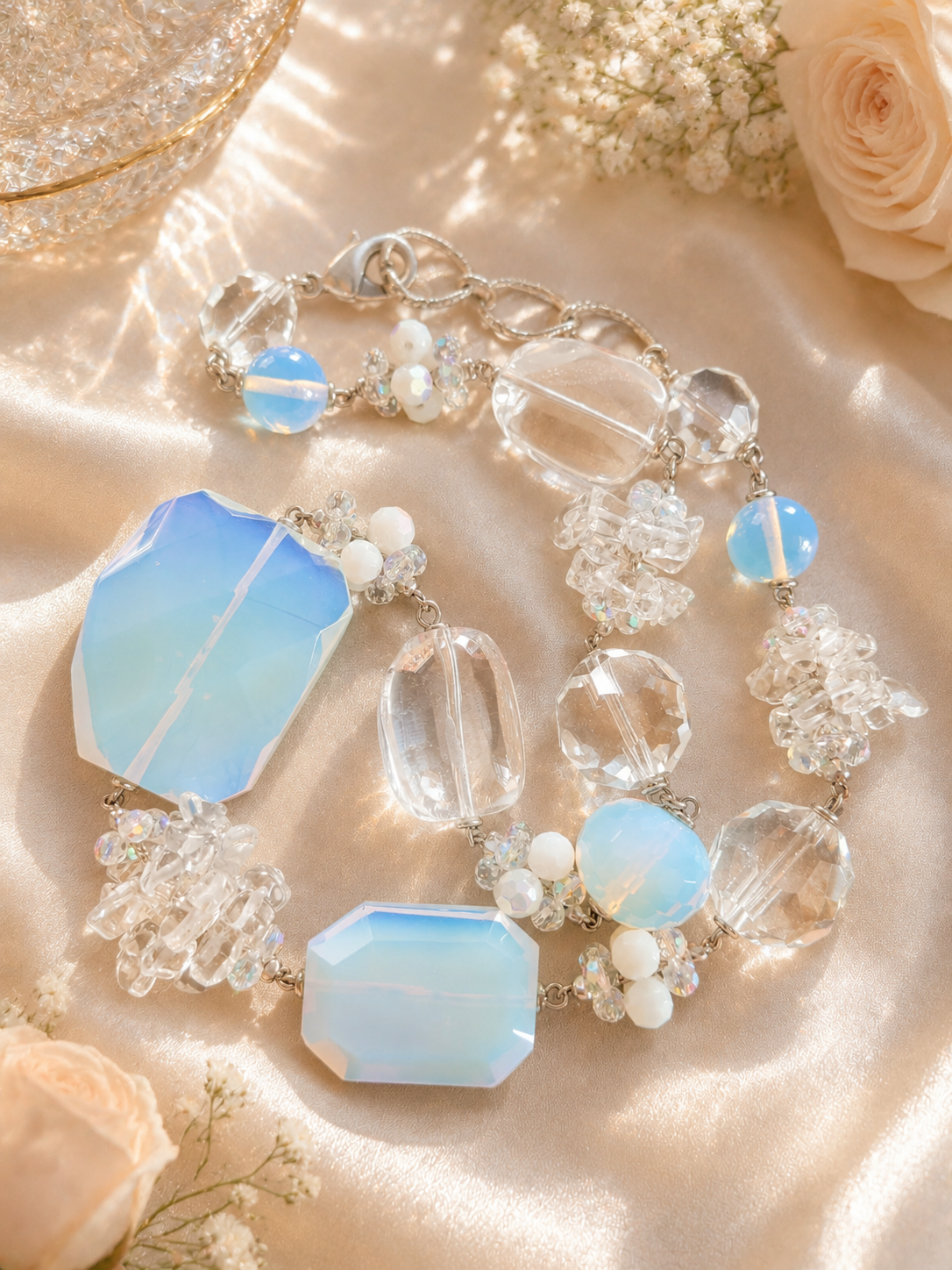 Opalescent Blue Beaded Statement Necklace Vintage Style Crystal Necklace