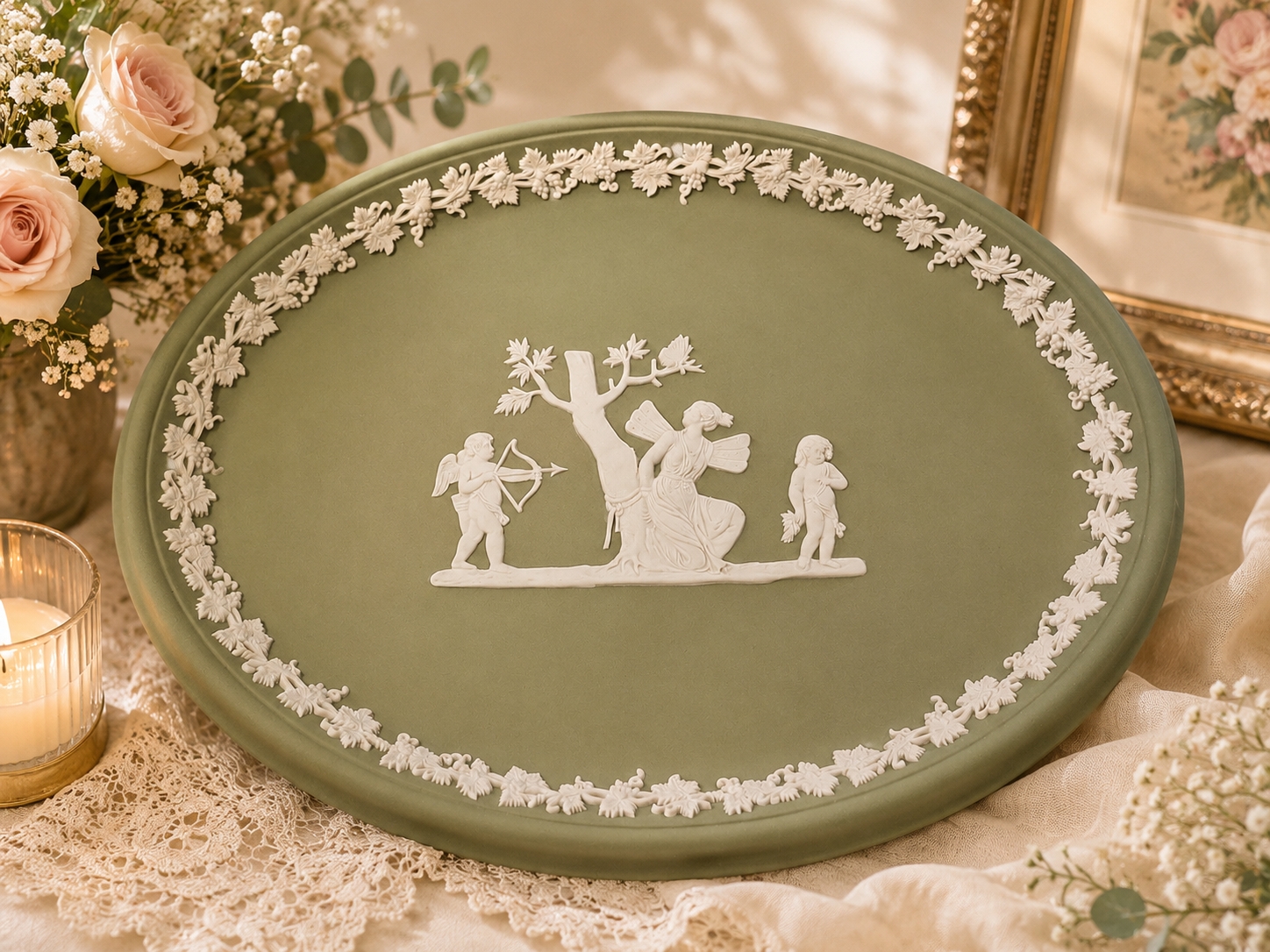Vintage Wedgwood Sage Green Jasperware Oval Platter