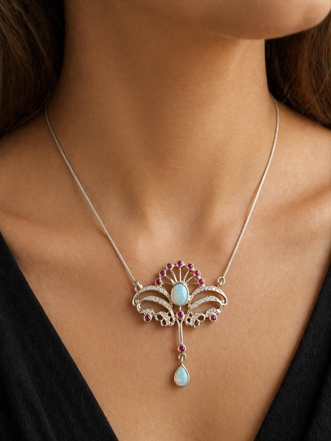 Art Nouveau Style Sterling Silver Opal and Ruby Style Statement Necklace
