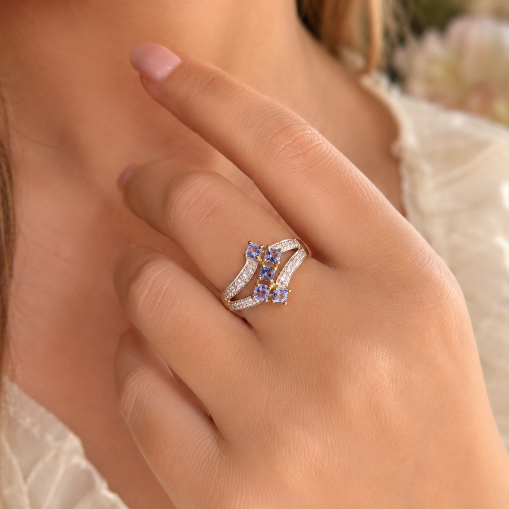 9ct Gold Tanzanite & Diamond Ring – Princess Cut Cluster – Size P½