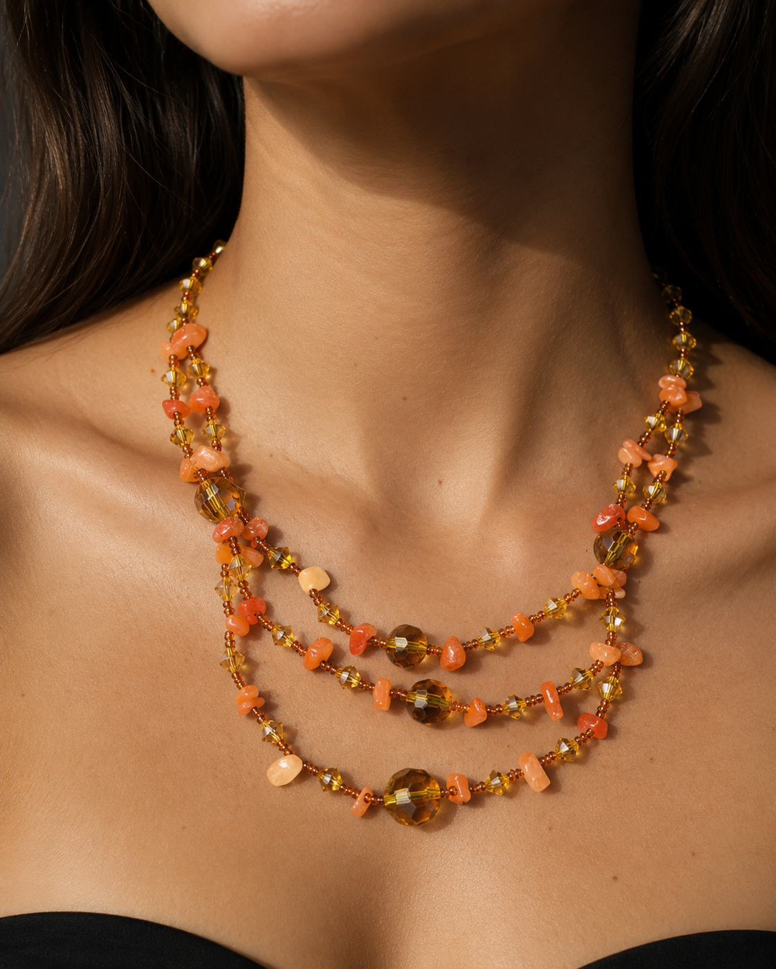Vintage Style Amber Coral Multi Strand Beaded Necklace Boho Statement Jewellery