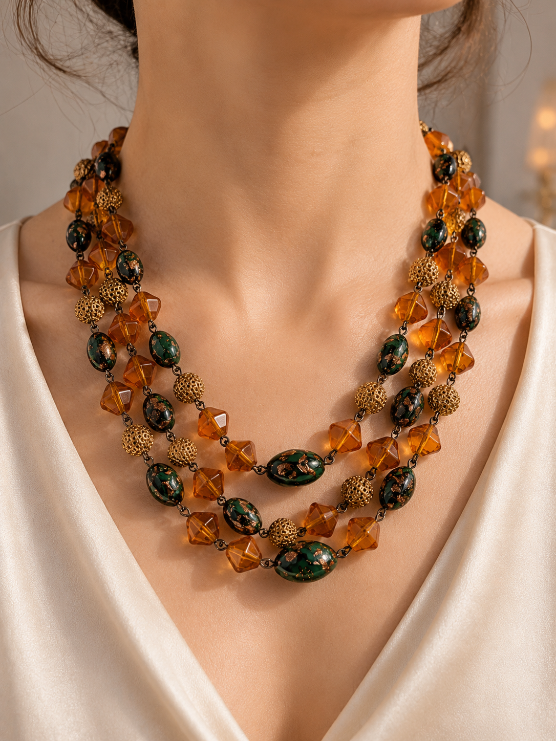 Amber and Green Art Glass Necklace