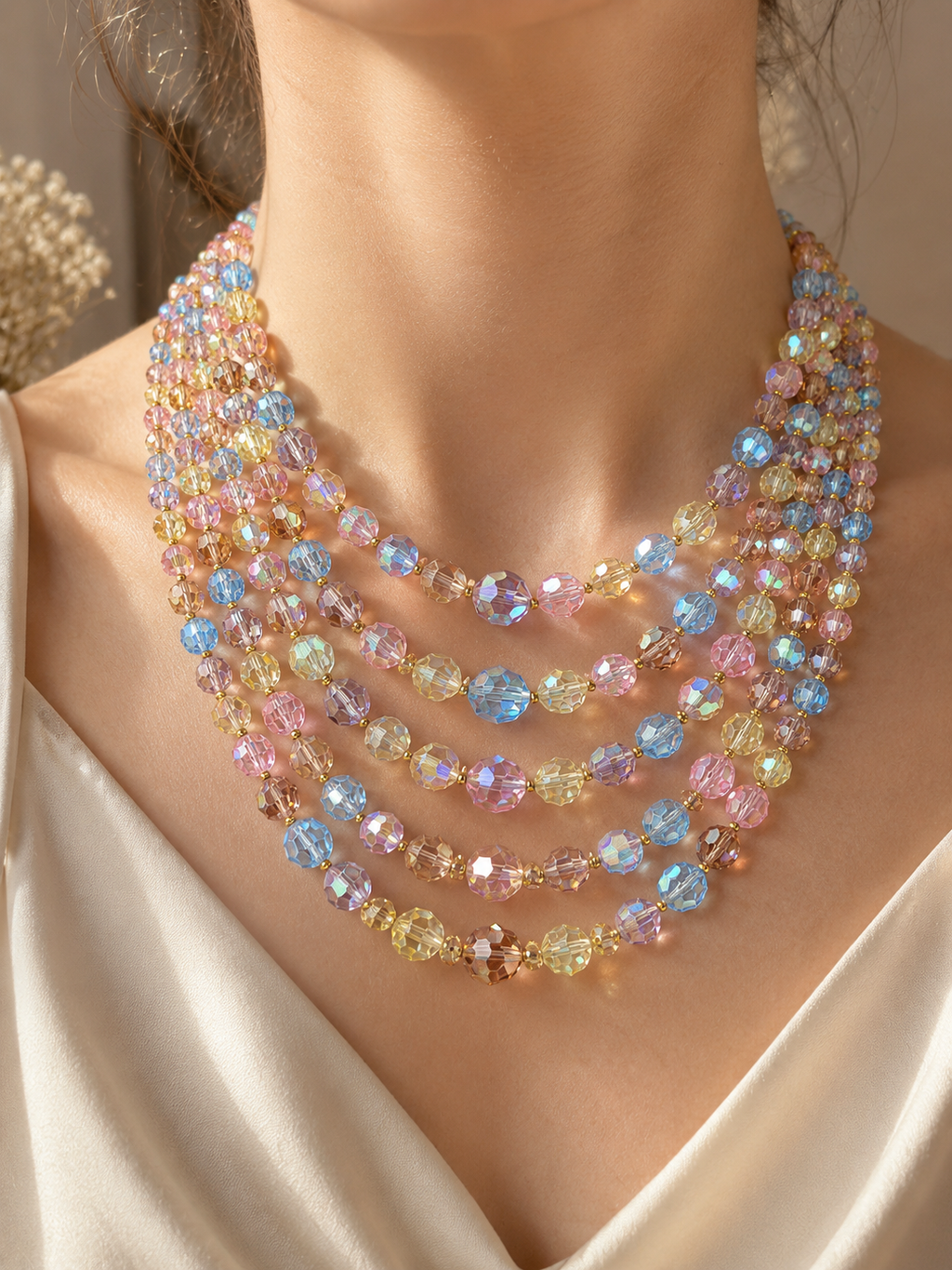 Pastel Aurora Crystal Multi Strand Statement Necklace