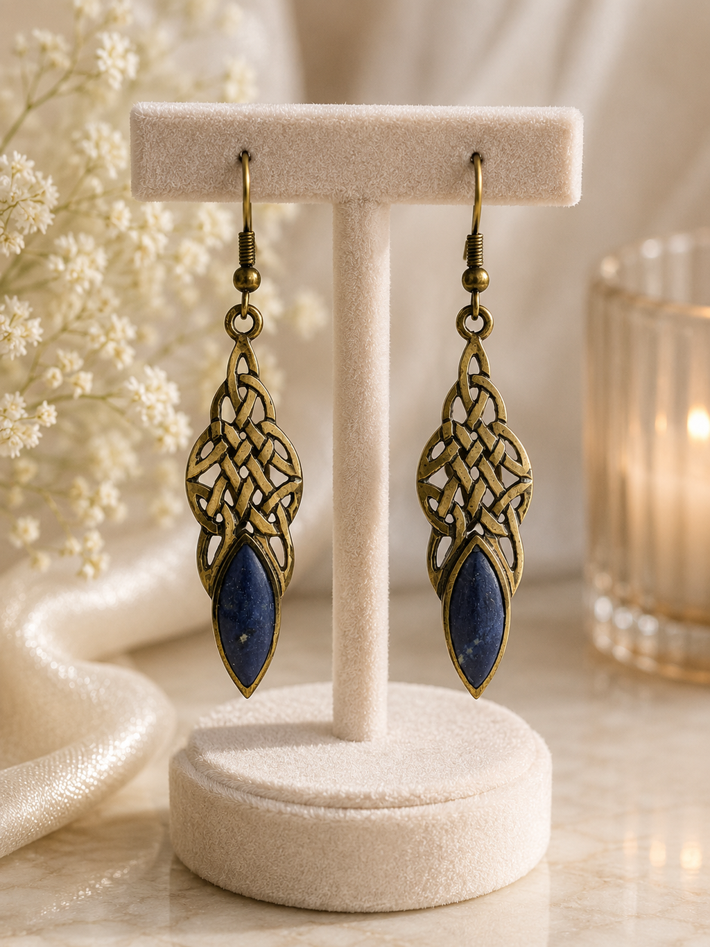 Rose Gold plated Lapis Blue Stone Celtic Drop Earrings