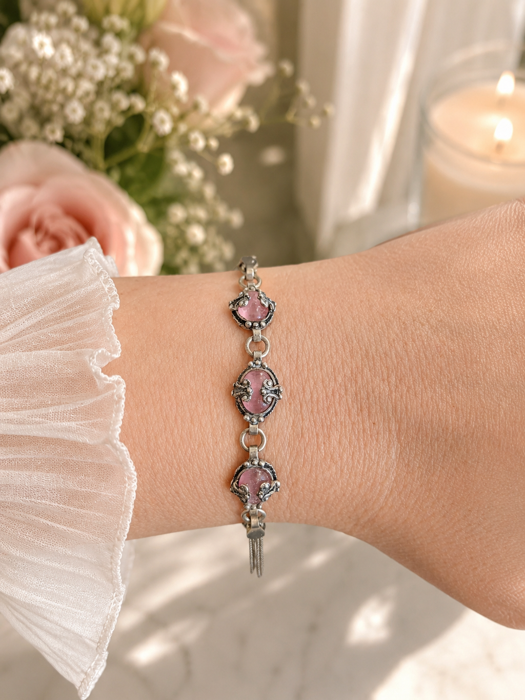 925 Sterling Silver Pink Cabochon Bracelet