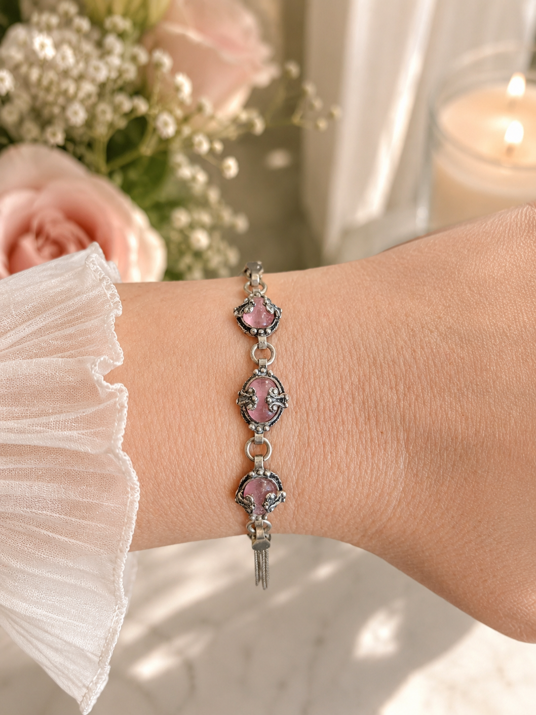 925 Sterling Silver Pink Cabochon Bracelet