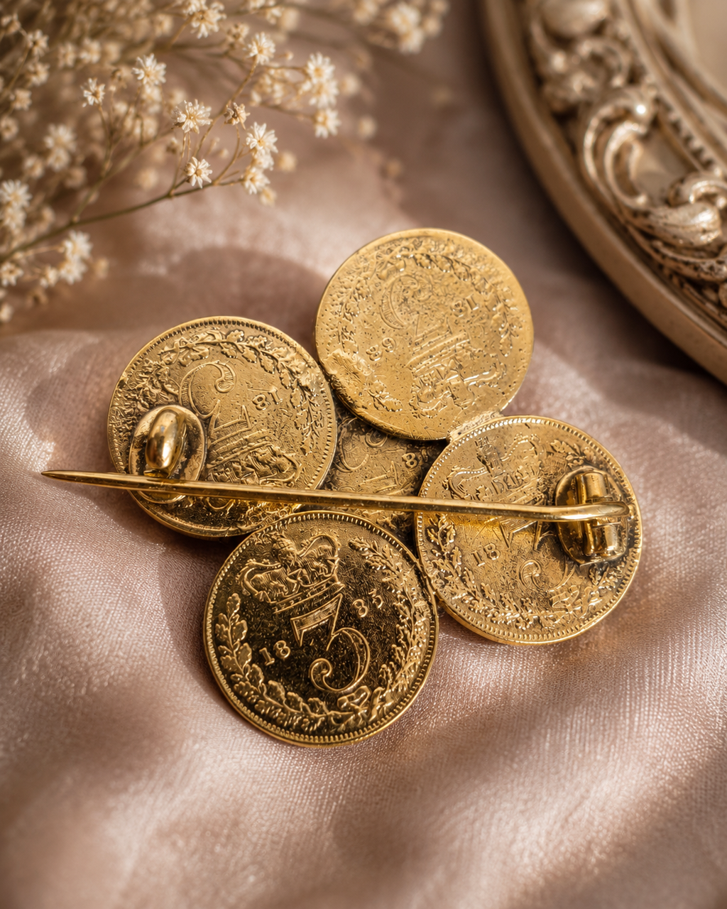 Gold Plated Sterling Silver Victorian Coin Brooch