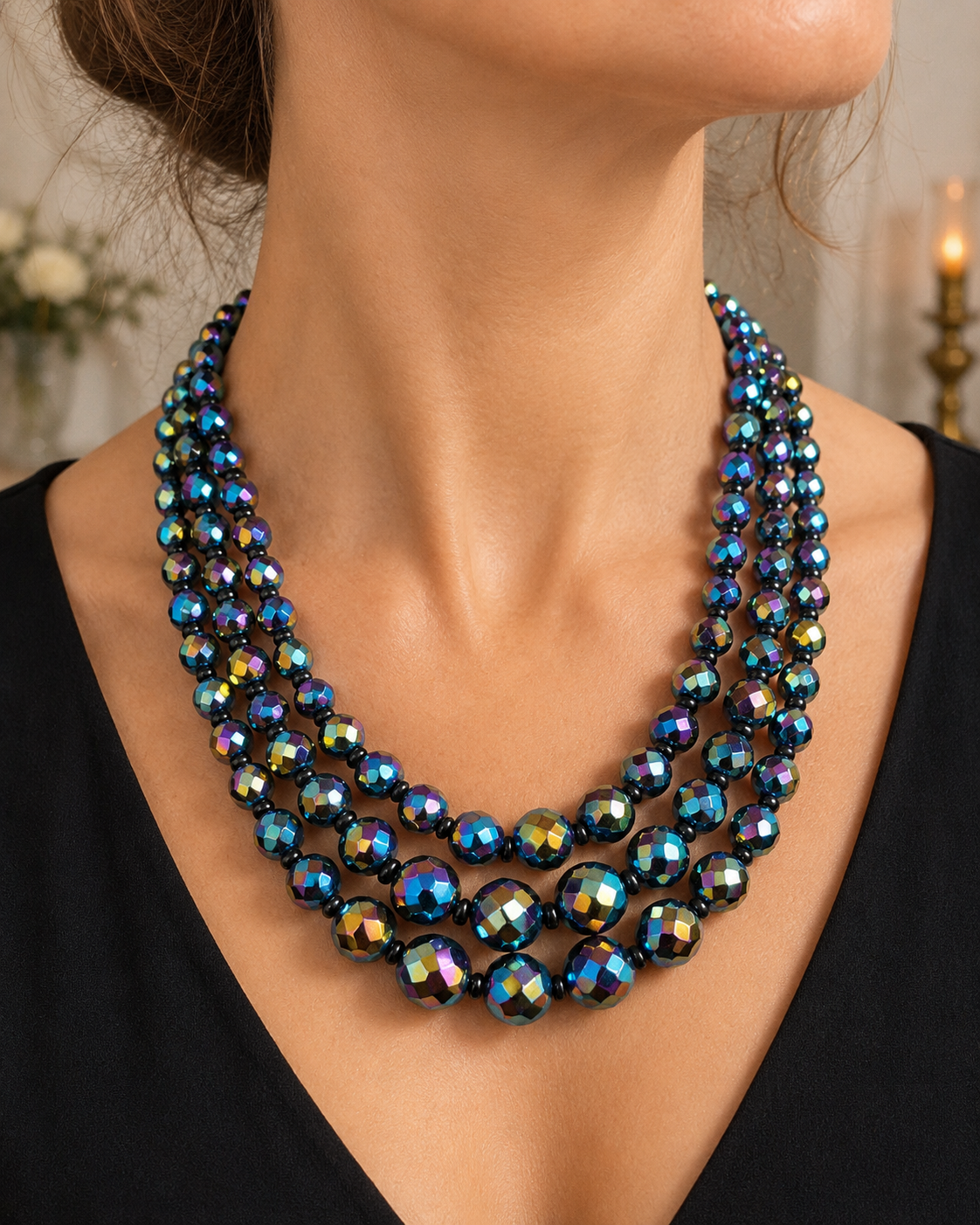 Iridescent Aurora Borealis Midnight Bead Necklace
