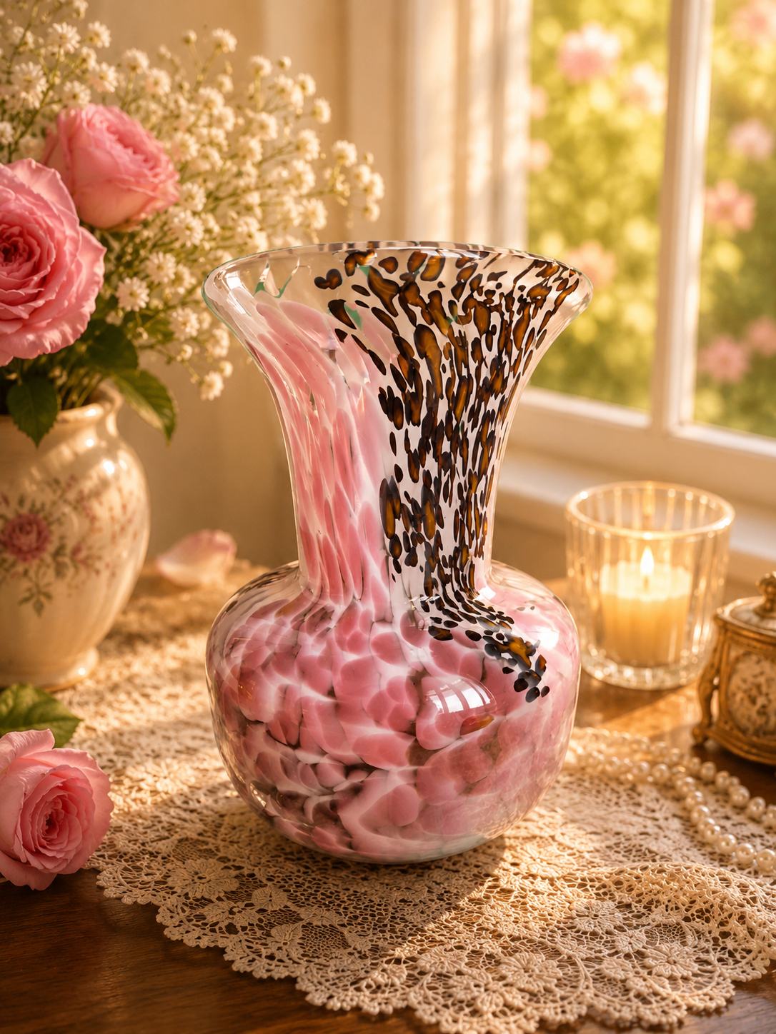 Mdina Art Glass Vase Pink and Cream Maltese Studio Glass Vase