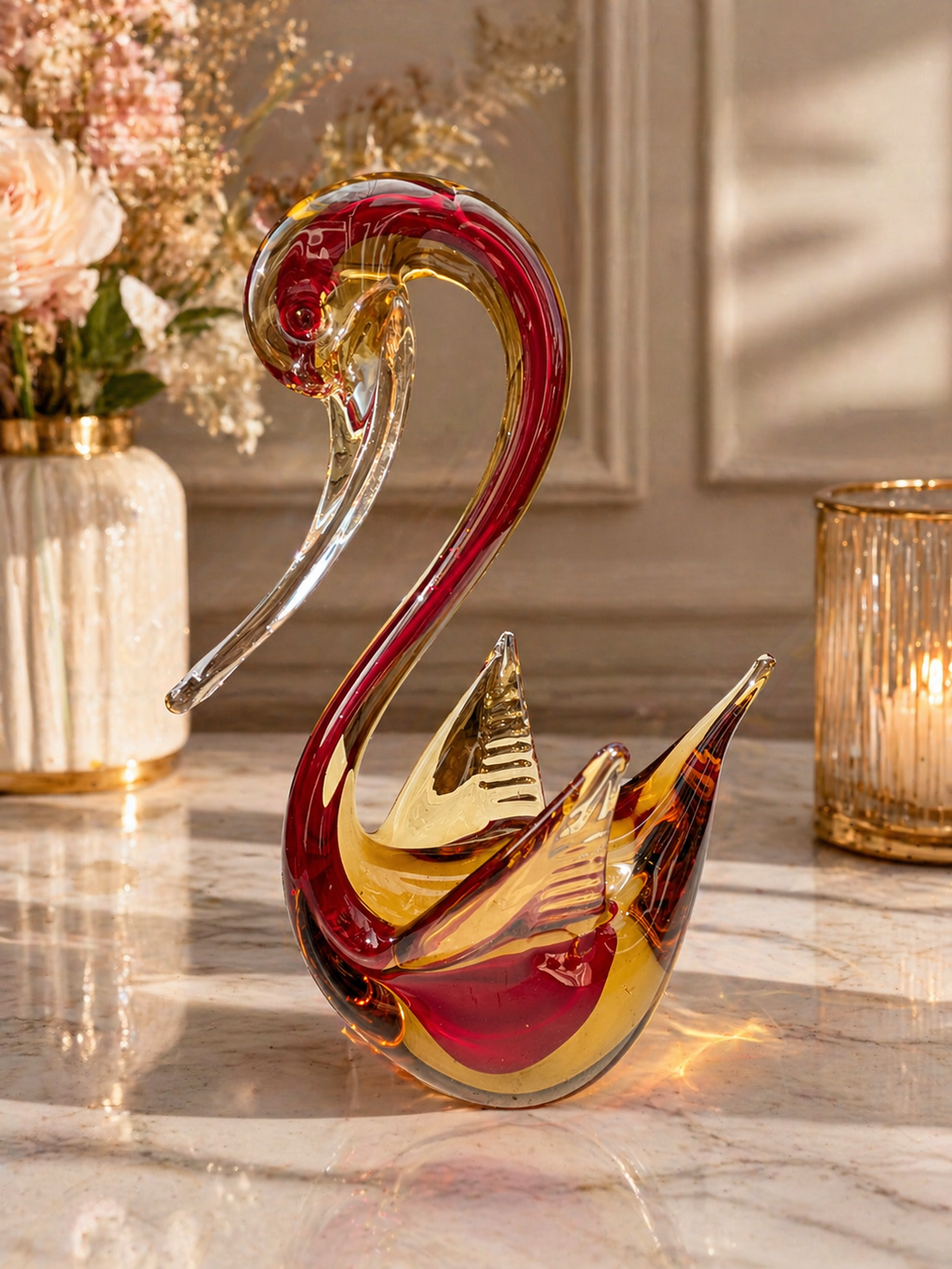 Red and Amber Art Glass Swan Figurine